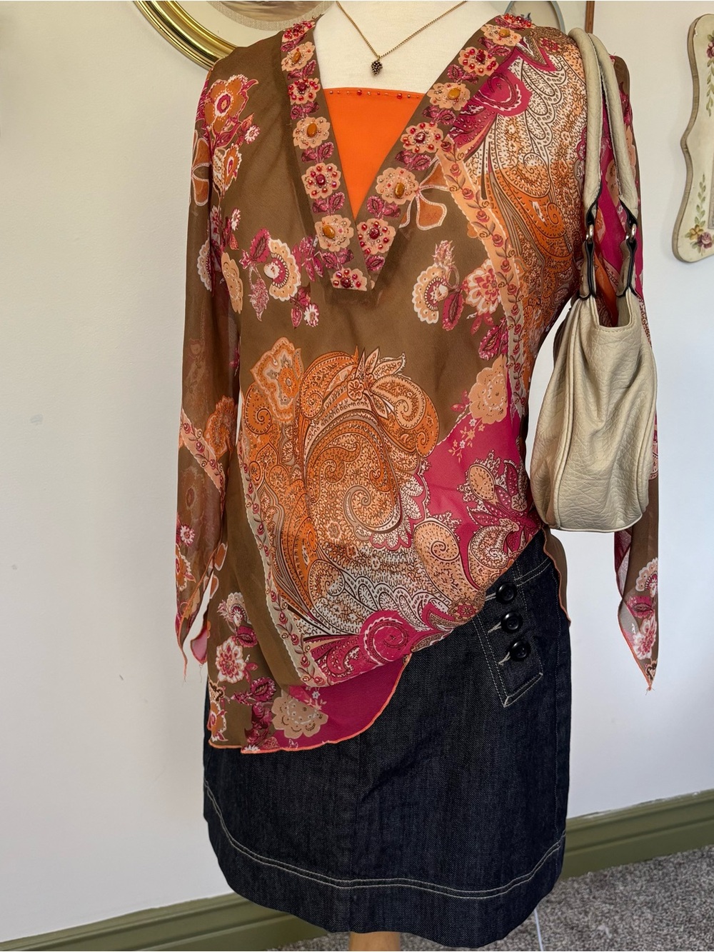 Coldwater Creek Brown Paisley V-Neck Blouse with Pink & Orange Accents